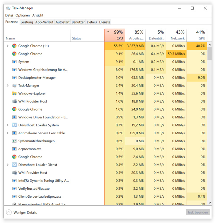 Ein Taskmanager unter Windows 10 zeigt zahlreiche aktive Prozesse. Google Chrome beansprucht dank laufender Streams besonders viele Rechenkapazitäten.