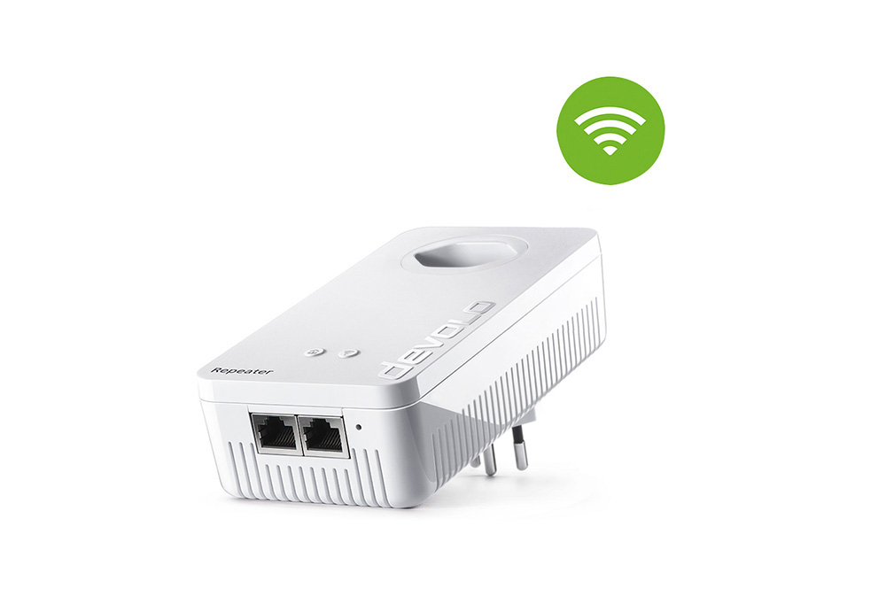 Ein WLAN-Repeater von devolo, darüber ein grünes WiFi-Symbol.