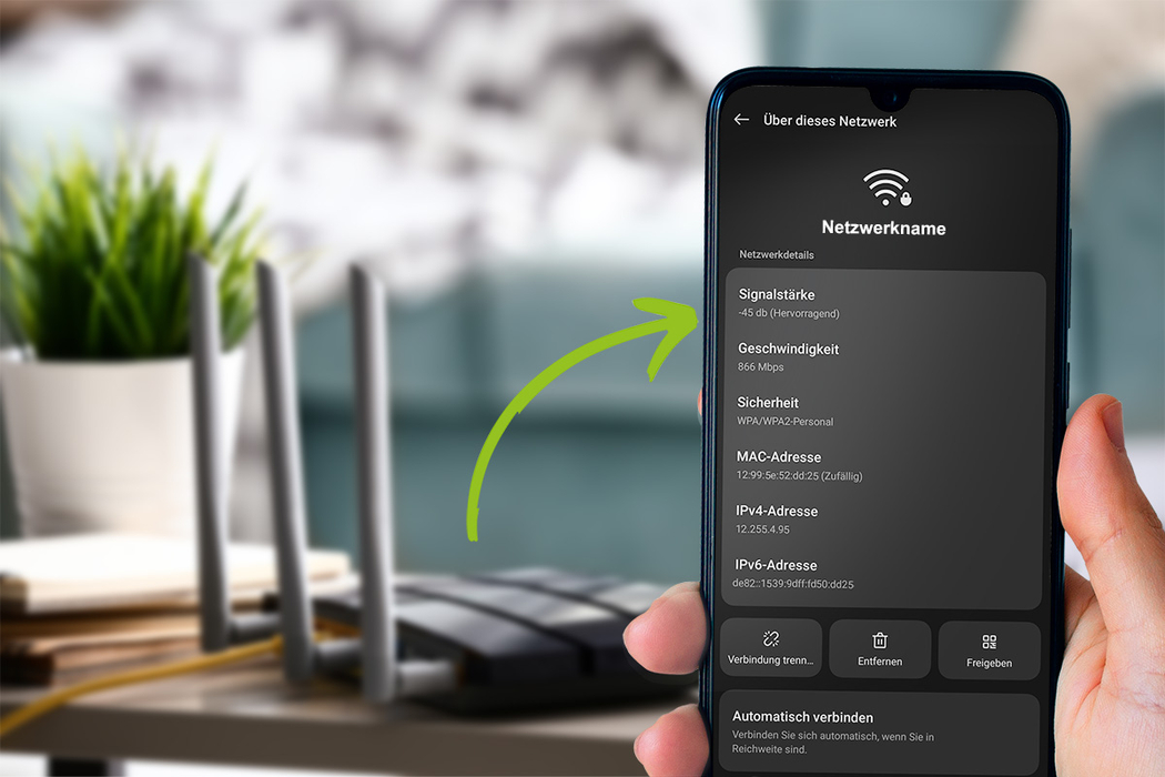 Ein Smartphone-Display zeigt die WLAN-Signalstärke.