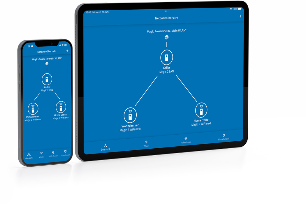 Die devolo Home Network App, zu sehen auf einem Smartphone und einem Tablet.