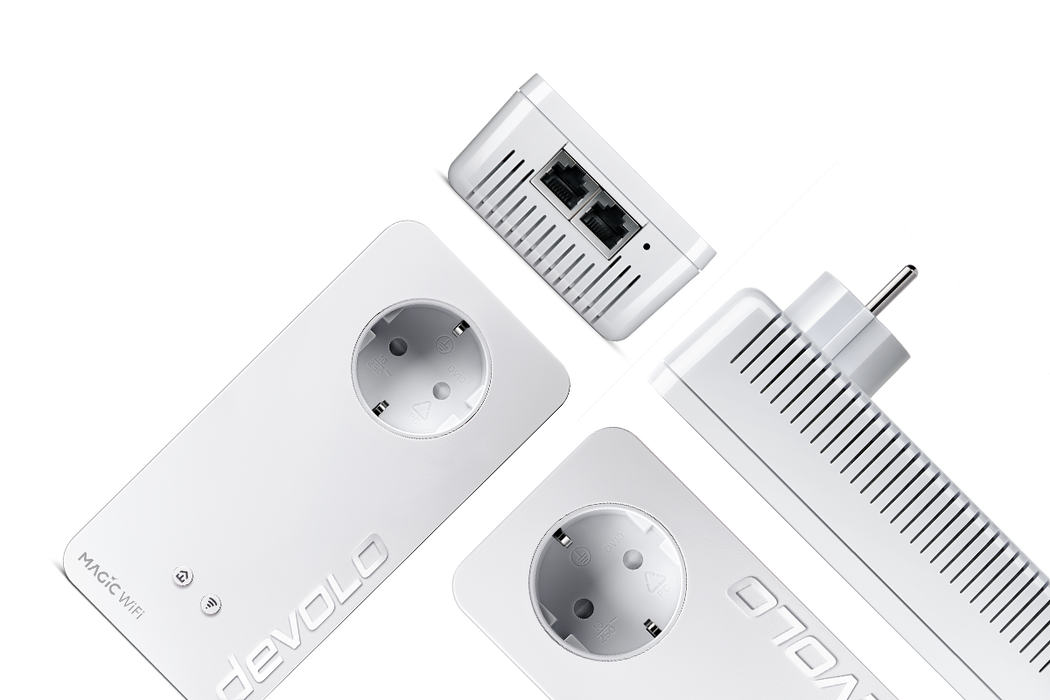 Kombination von 4 devolo Magic WiFi Adapter gezeigt in verschiedene Positionen