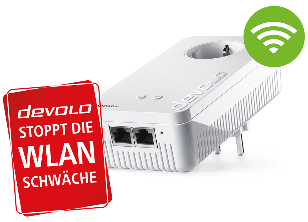 devolo WLAN Repeater mit dem WLAN-Wellen und die rote Karte "devolo stoppt die WLAN Schwäche"