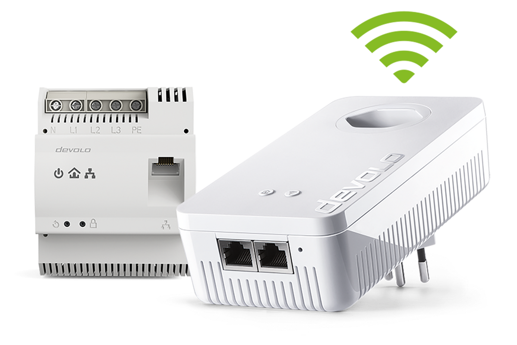 devolo Powerline Adapter dLAN 1200 DINrail und WiFi ac. Über den dLAN 1200 WiFi ac ist eine WLAN Welle.