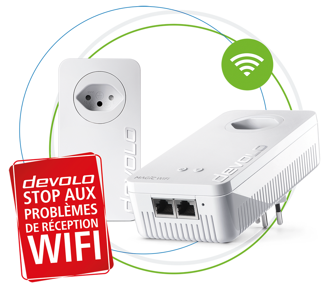 devolo Adaptateur CPL Magic WiFi Starter Kit en cercles et onde WiFi plus carton rouge