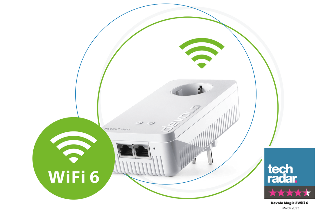 devolo Magic 2 WiFi 6 powerline adapter με αυτοκόλλητο WiFi 6 και κύματα WiFi