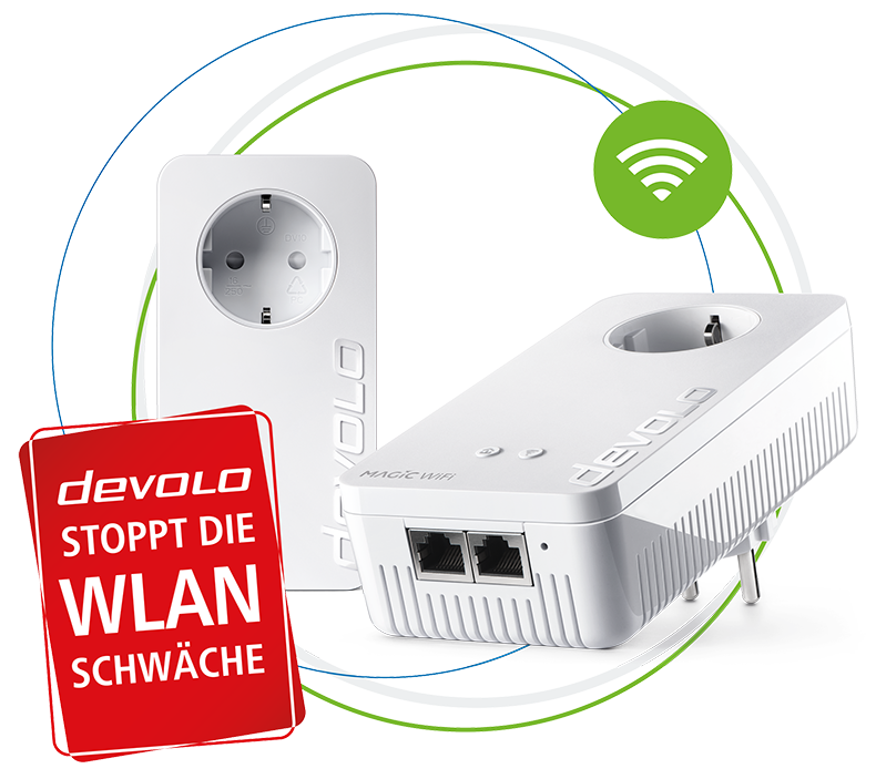 devolo Powerline Adapter Magic 2 WiFi next Starter Kit in Kreisen mit WiFi Welle und rote Karte