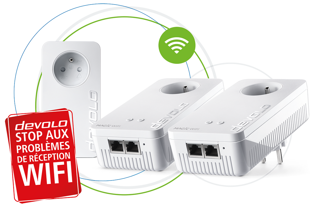 devolo Adaptateur CPL Magic 2 WiFi next Multiroom Kit en cercles avec onde WiFi et carte rouge