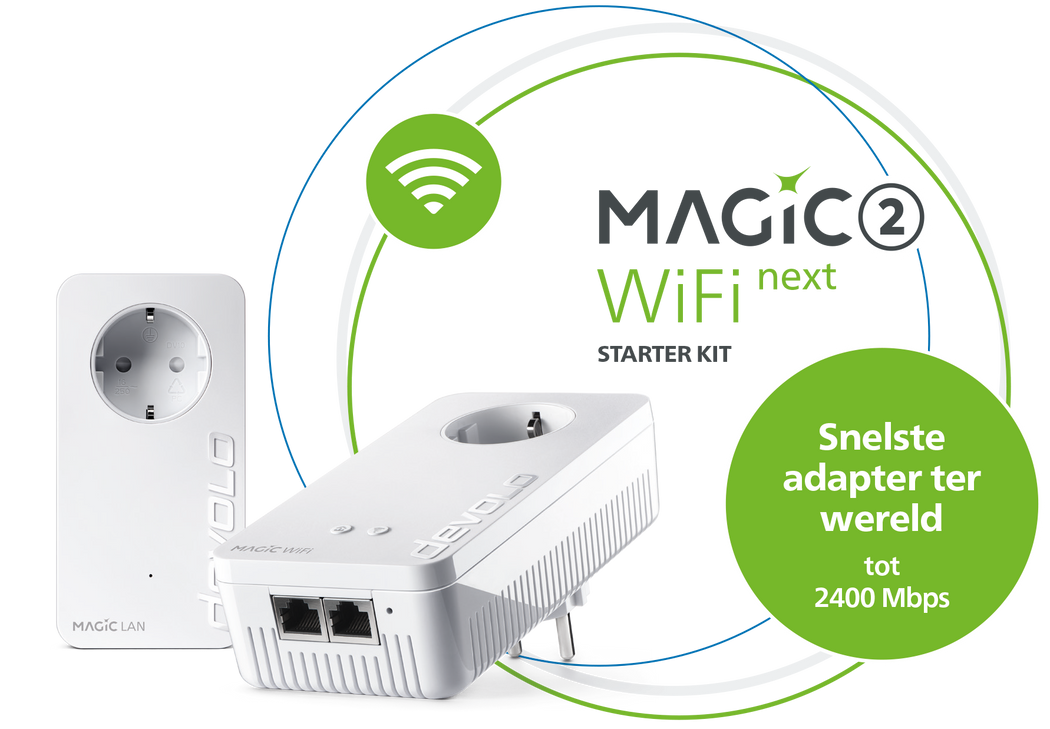devolo Powerline Adapter Magic 2 WiFi next Starter Kit in cirkels met WiFi-golf en sticker