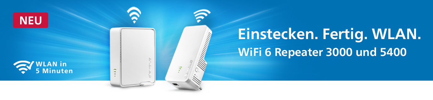 Banner mit devolo WiFi 6 Repeater 5400 und WiFi 6 Repeater 3000 WLAN Verstärker