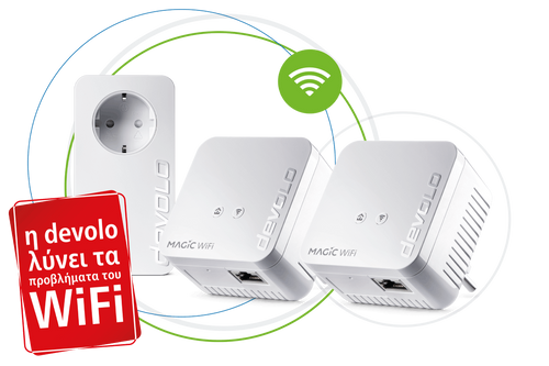 devolo Powerline prosarmogeas Magic 1 WiFi mini Multiroom Kit σε κύκλους, WiFi wave και κόκκινη κάρτα