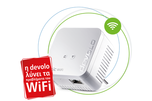 devolo Powerline prosarmogeas Magic 1 WiFi mini σε κύκλους, WiFi wave και κόκκινη κάρτα