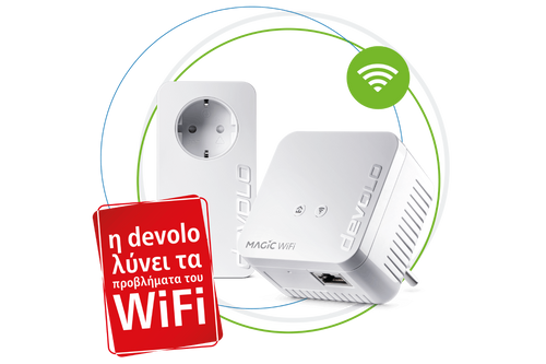 devolo Powerline prosarmogeas Magic 1 WiFi mini Starter Kit σε κύκλους, WiFi wave και κόκκινη κάρτα