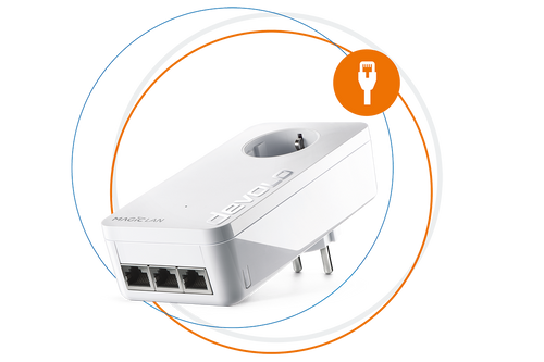 devolo Powerline Adapter Magic 2 LAN triple in Kreisen und LAN-Anschluss Zeichen