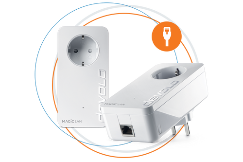 devolo Powerline Adapter Magic 2 LAN Starter Kit in Kreisen und LAN-Anschluss Zeichen