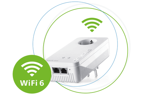 devolo Powerline προσαρμογέας Magic 2 WiFi 6 σε κύκλους με αυτοκόλλητο WiFi wave και WiFi 6