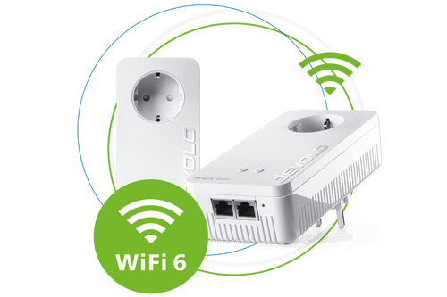 devolo Powerline προσαρμογέας Magic 2 WiFi 6 Σετ εκκίνησης σε κύκλους με αυτοκόλλητο WiFi wave και WiFi 6
