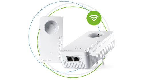 devolo adaptateur CPL Magic 2 WiFi next starter kit en cercles avec onde WiFi 