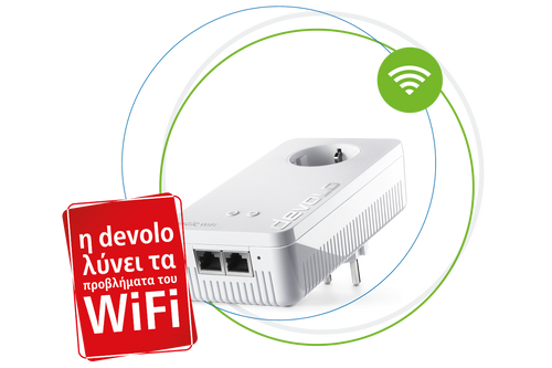 devolo Powerline Adapter Magic 2 WiFi next σε κύκλους με κύμα WiFi και κόκκινη κάρτα