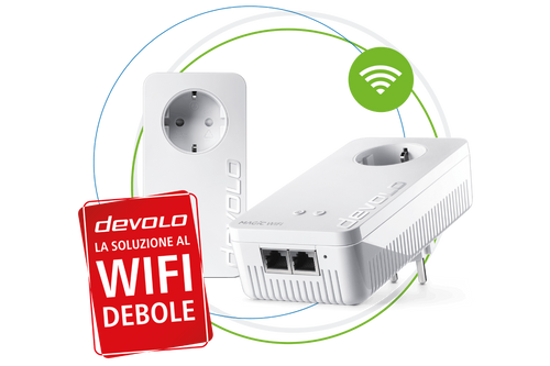 devolo Powerline Adattatore Magic 2 WiFi next Starter Kit nei cerchi con onda WiFi e scheda rossa