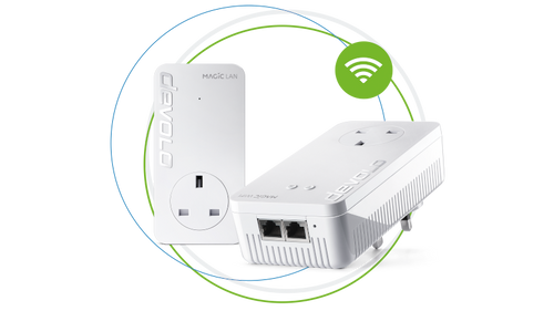 devolo powerline adapter Magic 2 WiFi next starter kit in circles and wifi wave
