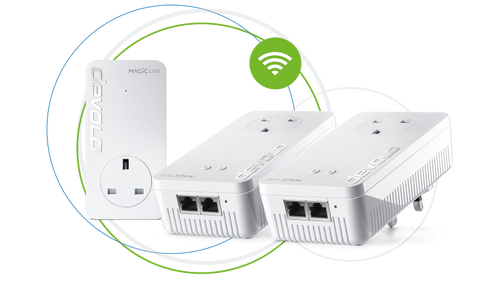 devolo powerline adapter Magic 2 WiFi next multiroom kit in circles and wifi wave