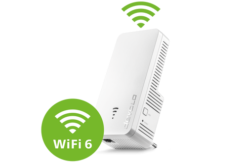 devolo WiFi 6 Repeater 3000 mit WLAN-Welle und WiFi 6 Badge