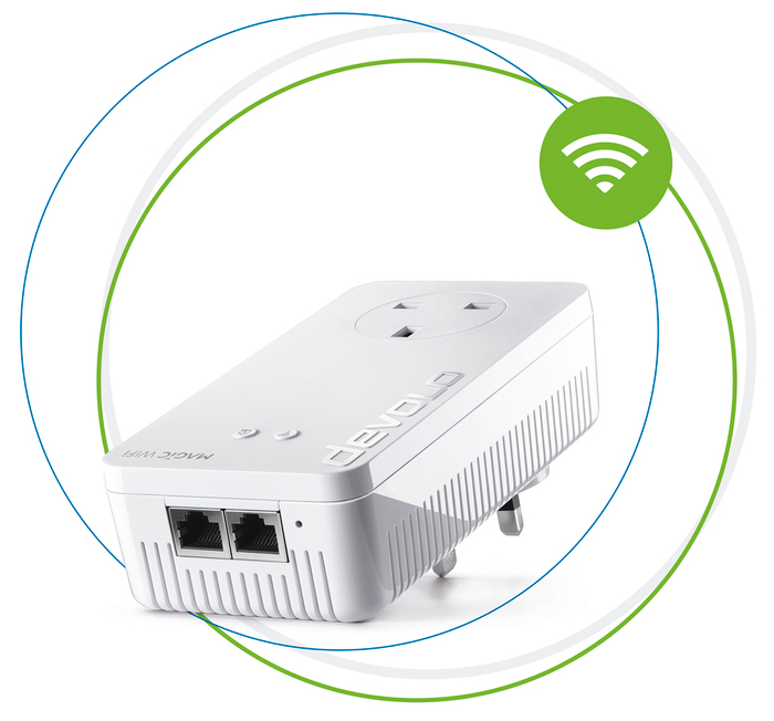 devolo powerline adapter Magic 2 WiFi 6 in circles and Wi-Fi sign