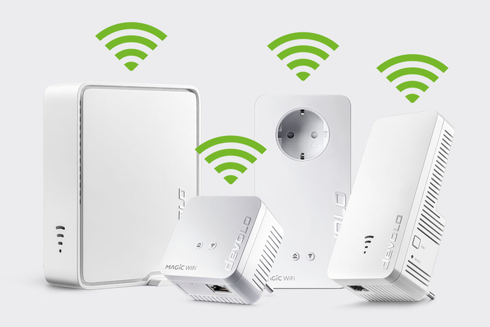 4 devolo Adapter mit grüne WLAN-Zeichen