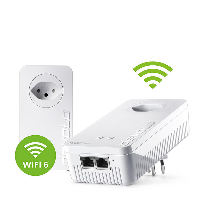 Der devolo Magic 2 WiFi 6 Starter Kit vor weißem Hintergrund.