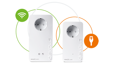 Zwei devolo Powerline-Adapter von vorne gezeigt. Der erste ist ein WLAN-Adapter eingekreist und man sieht die WLAN Wellen. Der zweite Adapter ist ein LAN-Adapter auch eingekreist aber in dem Fall sieht man einen LAN-Anschluss Zeichen.
