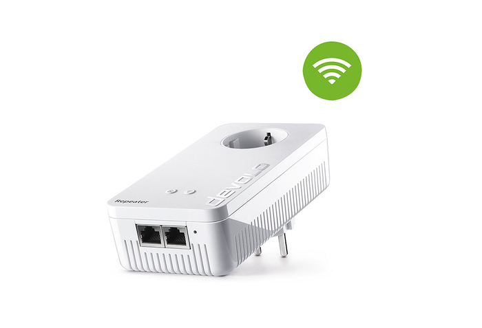 Ein WLAN-Repeater von devolo, darüber ein grünes WiFi-Symbol.