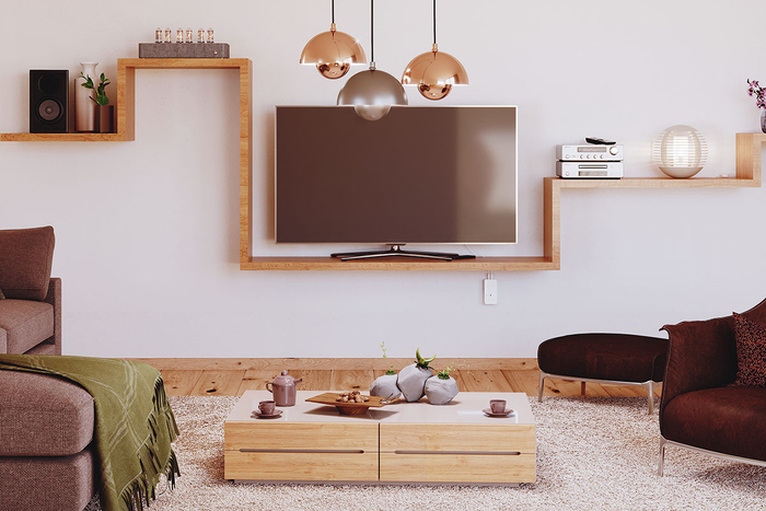 Living room scenario. A devolo powerline adapter dLAN 1000 duo is plugged into a wall socket.