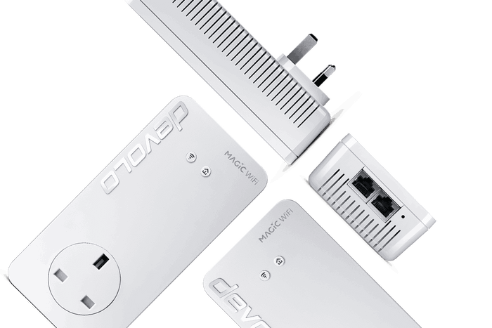 collage of 4 devolo powerline adapter Magic WiFi presented on different sides