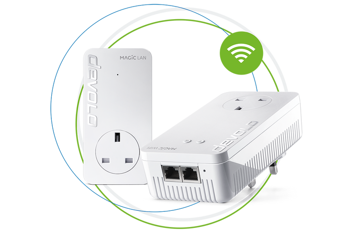 devolo powerline adapter Magic 2 WiFi next starter kit in circles and wifi wave